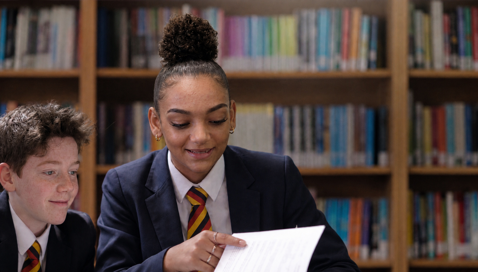 Students learning together in a UK school library